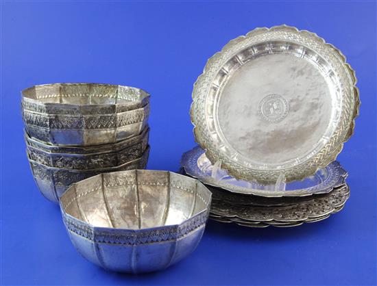 Two sets of three late 19th/early 20th century North Indian do-decagonal silver bowls & 6 dishes/stands, 51 oz.